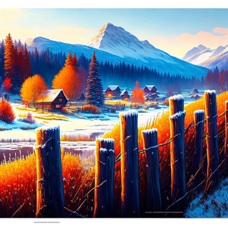 Scenic village painting with snow-capped mountains, autumn trees, cabins, and wooden fence