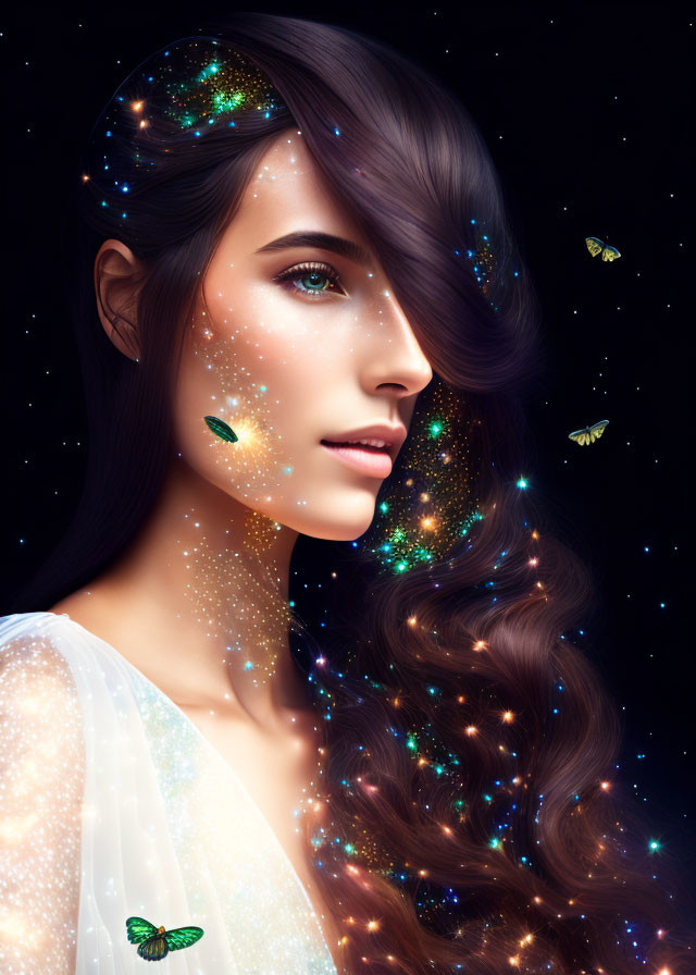 Galaxy-themed digital artwork of a woman with stars, nebulas, and butterflies on dark background