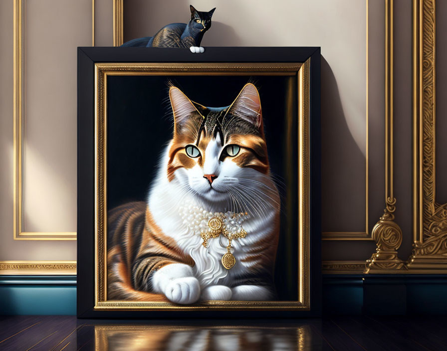 Elegant cat with jewelry and real cat in luxurious room