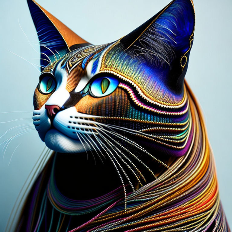 Colorful Striped Cat Art on Blue Background