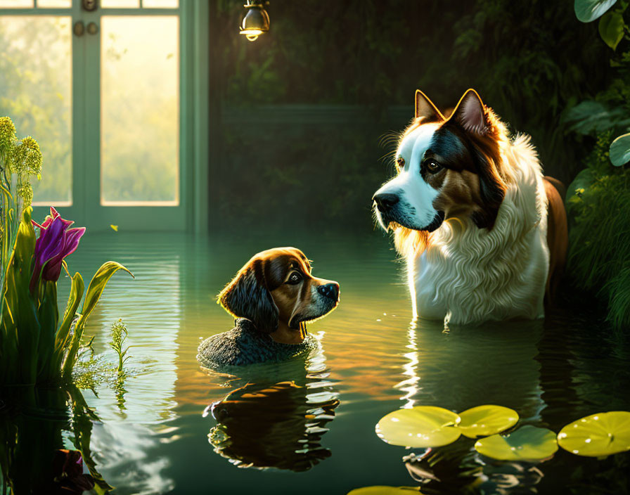 Two dogs in indoor pond with lush greenery and sunlight