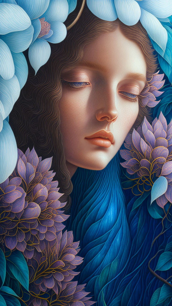 Illustration of Serene Woman with Blue Hair and Purple Flowers in Halo