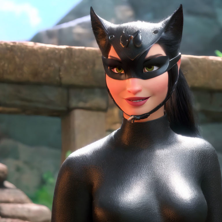 Animated female character in cat-like suit against stone backdrop