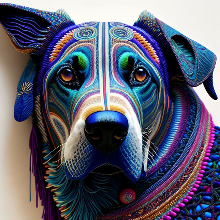 Vibrant blue, purple, and teal patterns on a dog's face and neck