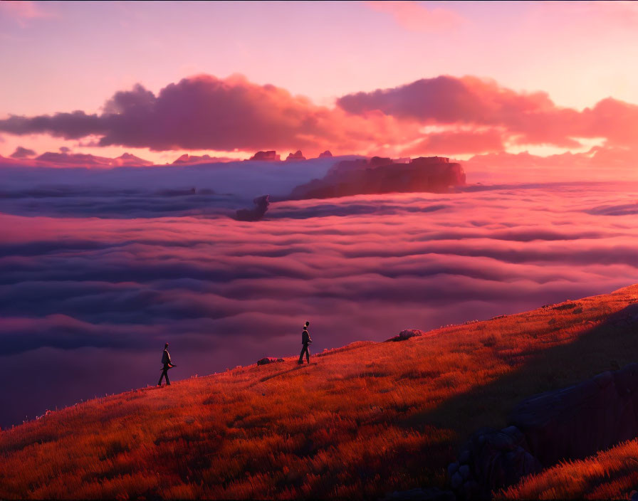 Silhouetted figures on grassy hill at sunset with vibrant sky