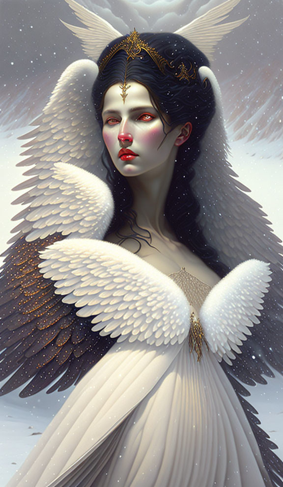 Ethereal figure with angelic wings and crown in snowy scene