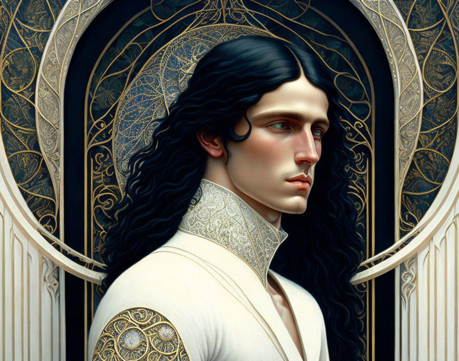 Detailed illustration of person with long dark hair and pale skin against ornate golden arch with intricate patterns in