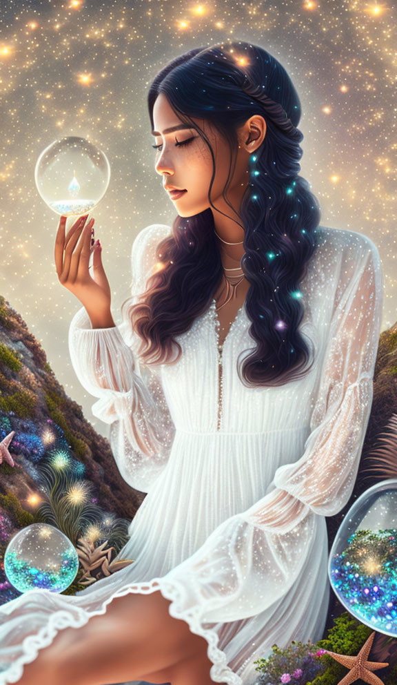 Illustration of woman with glowing orb in starlit sky