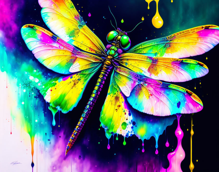 Colorful Dragonfly Digital Artwork with Translucent Wings and Neon Ink Background