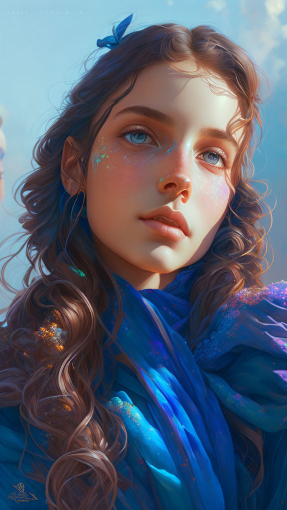 Young woman digital portrait with blue eyes, glitter, butterfly, and vibrant blue scarf.