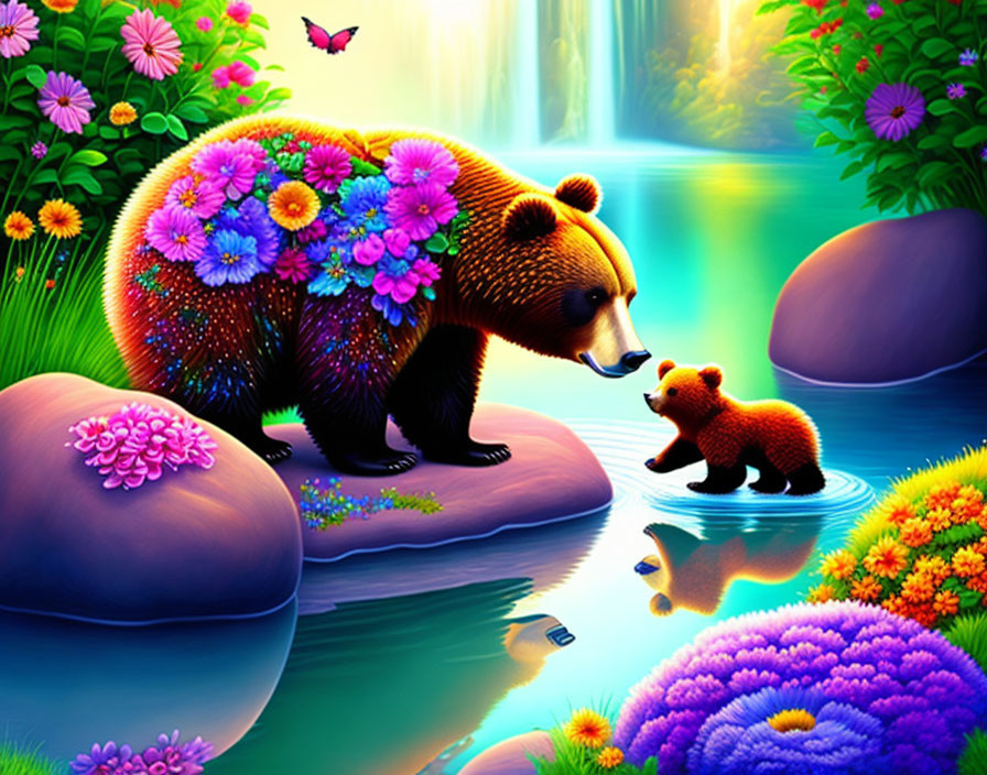 Vibrant bear and cub illustration with flowers and butterflies