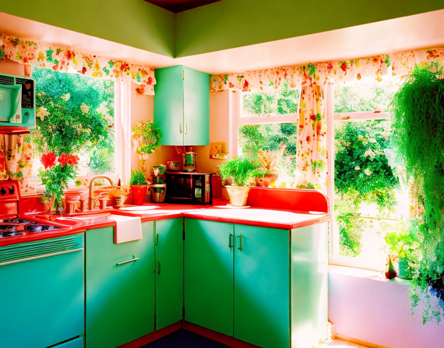 Vibrant Kitchen Decor with Turquoise Cabinets, Red Countertops, and Retro Appliances