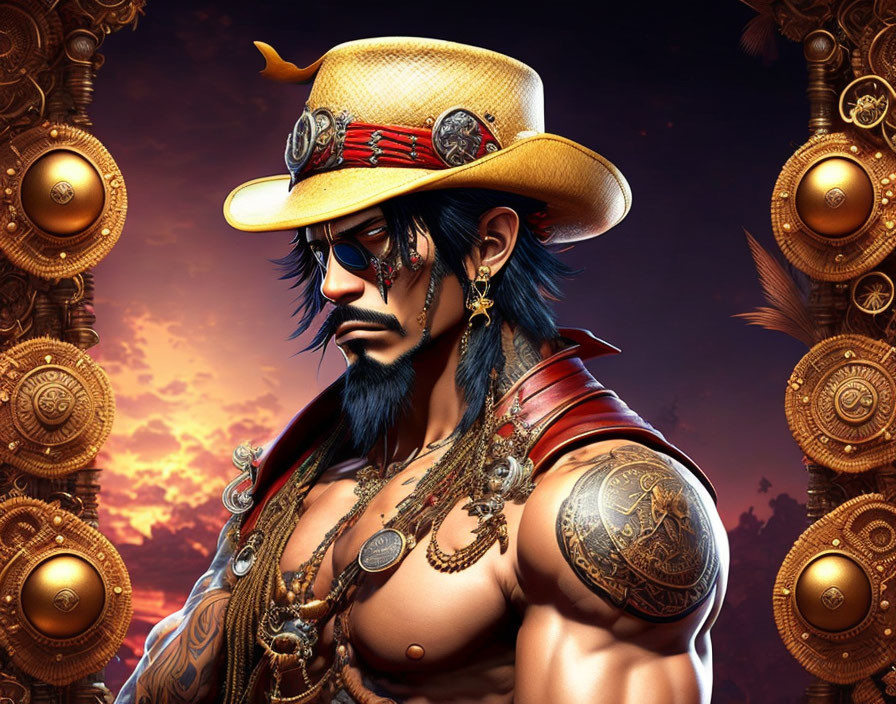 Character with Beard in Large-Hat & Gold Necklaces, Tattoos