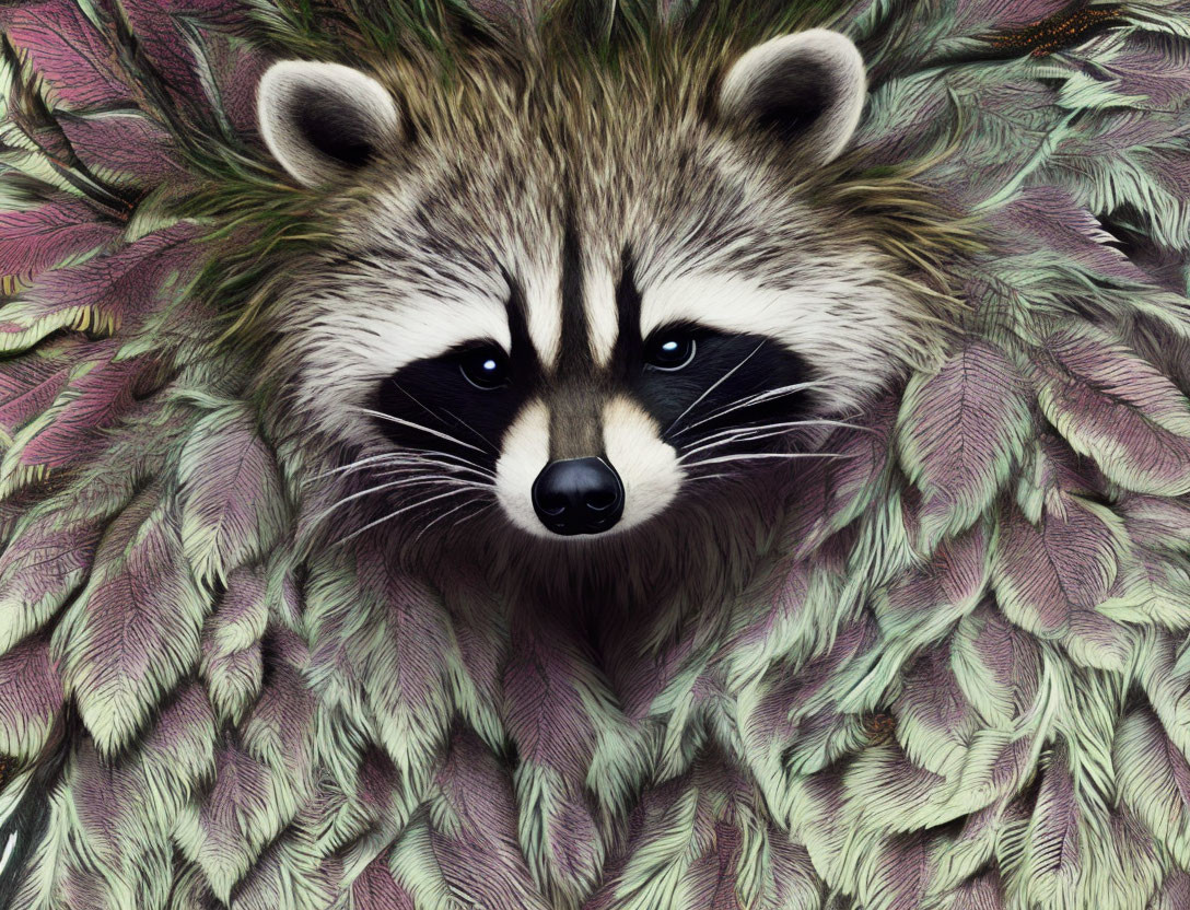 Digital Artwork: Raccoon Head in Purple & Green Leaf Textured Background