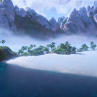 Tranquil Tropical Landscape with Misty Mountains & Palm Trees