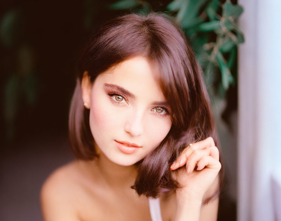 Portrait of Woman with Brown Hair and Captivating Eyes on Green Background