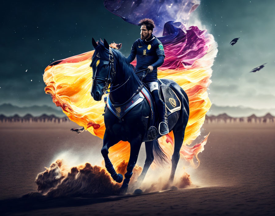 Person riding black horse with orange and purple capes in stormy desert landscape