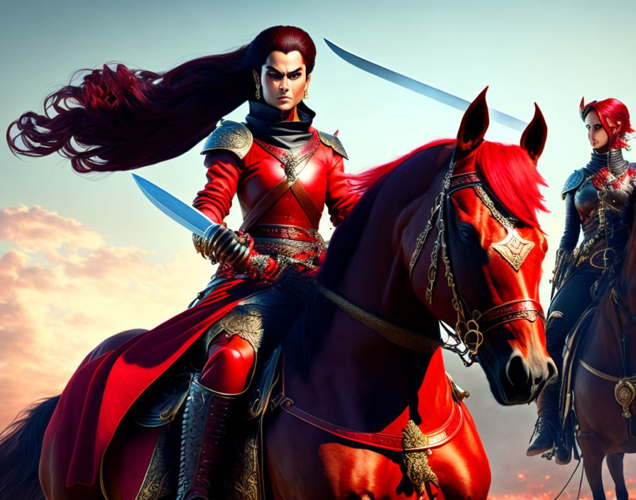 Animated warriors in red armor on horseback with drawn swords under dramatic sky