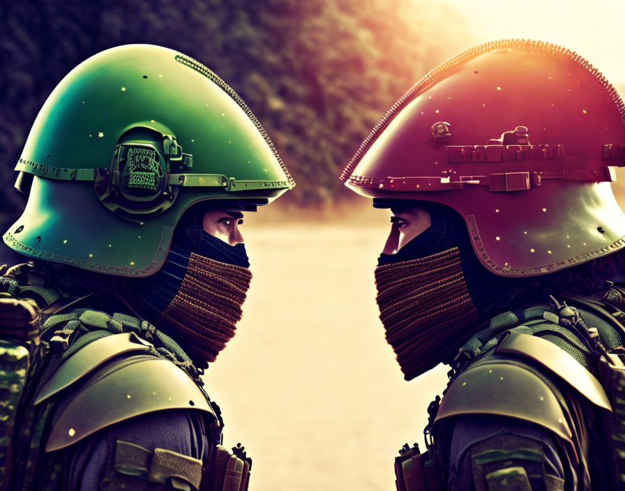 Futuristic armor helmets: Two individuals face off with visors up