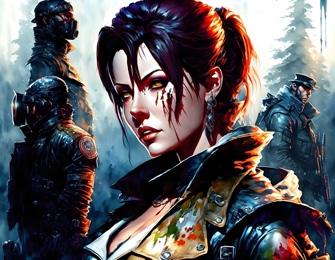 Detailed digital artwork of female warrior and armored soldiers in misty forest