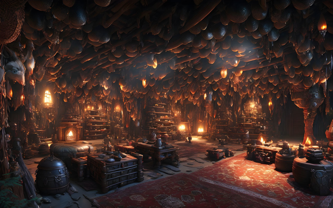 Mystical dimly lit room with masks, lanterns, fires, wooden platforms, and arcane