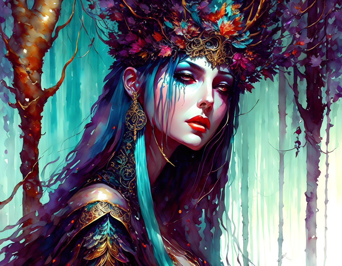 Colorful woman illustration with blue skin and red lips in ornate headdress, surrounded by whimsical