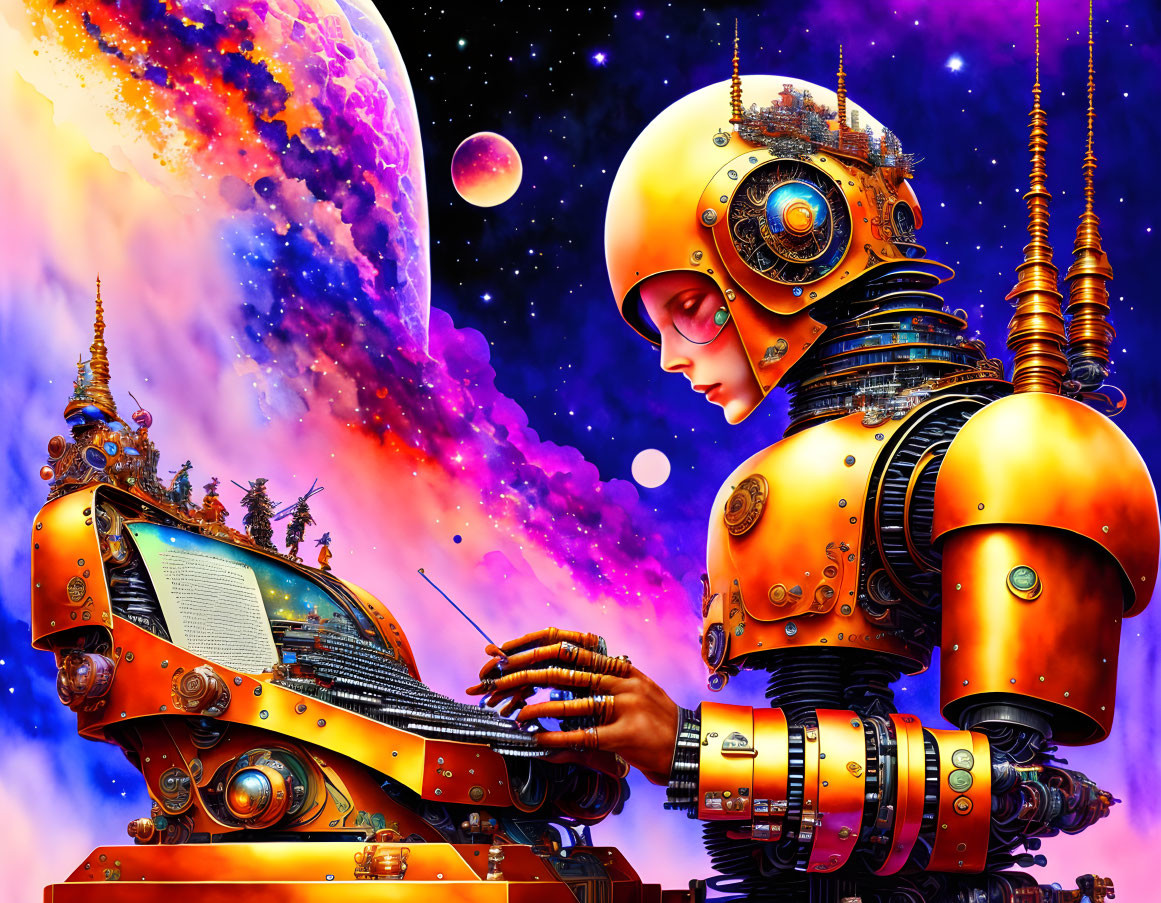 Sci-fi illustration of robot in golden armor typing on retrofuturistic typewriter