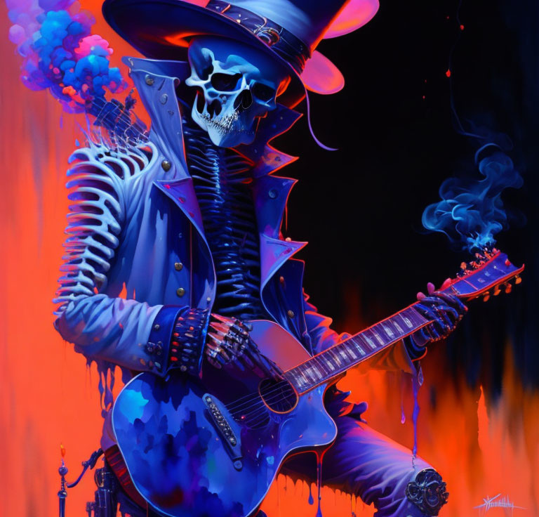 Stylized skeletal figure in top hat and jacket playing blue guitar in vibrant scene