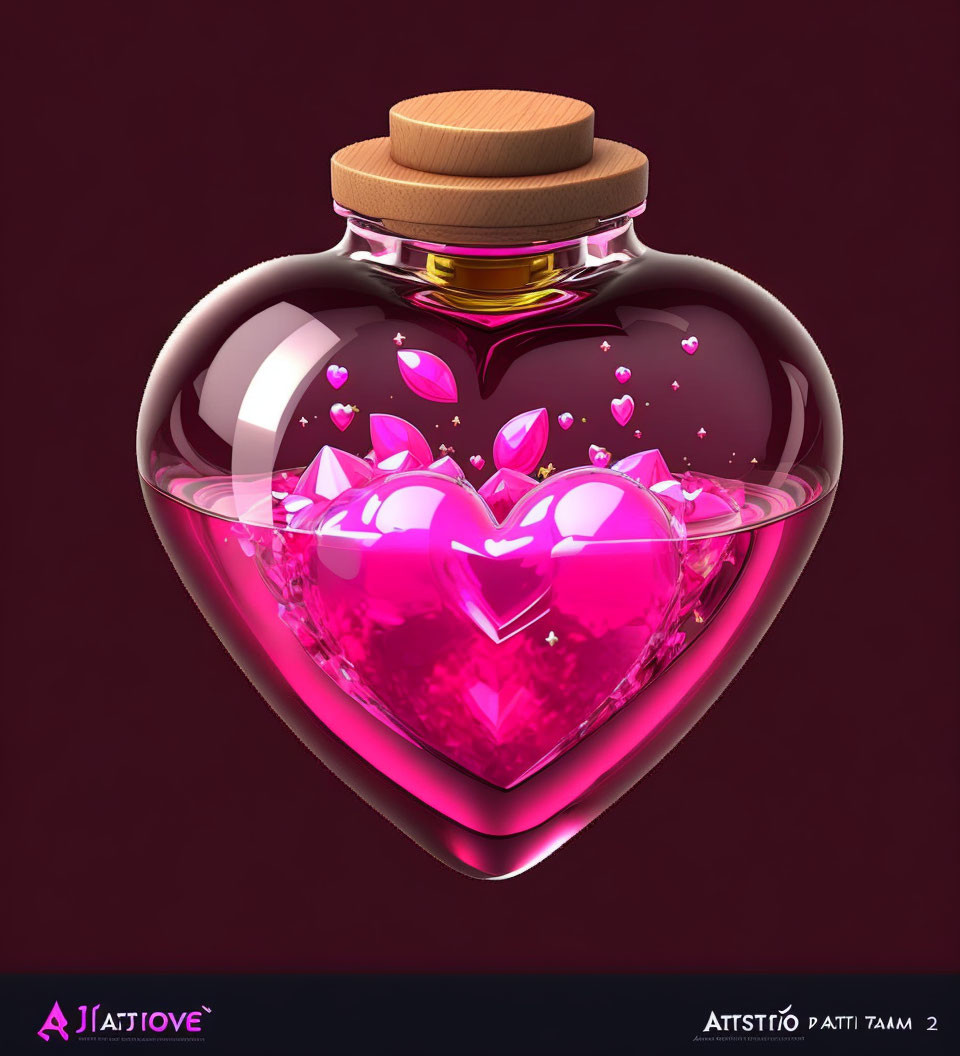 Heart-shaped glass bottle with pink liquid and floating hearts on dark pink background