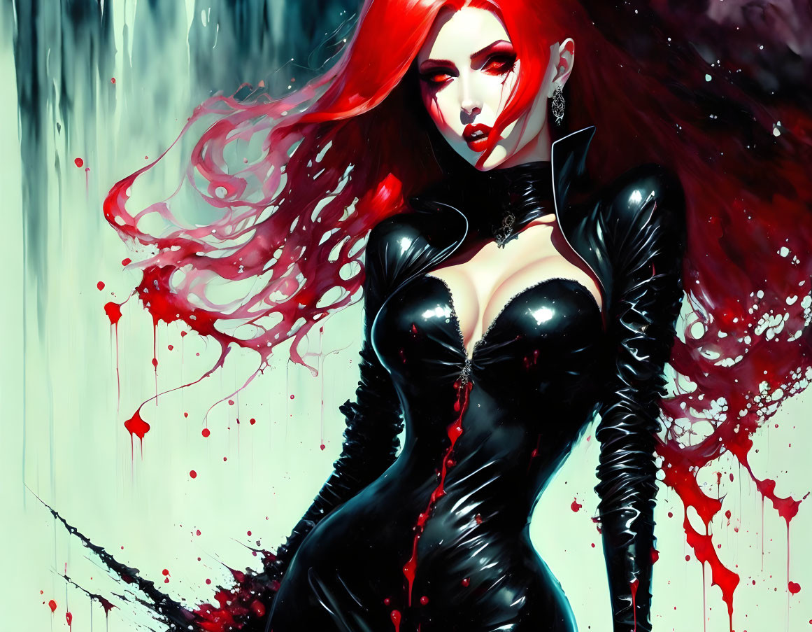 Vibrant digital artwork: Woman with flowing red hair and black attire in intense setting