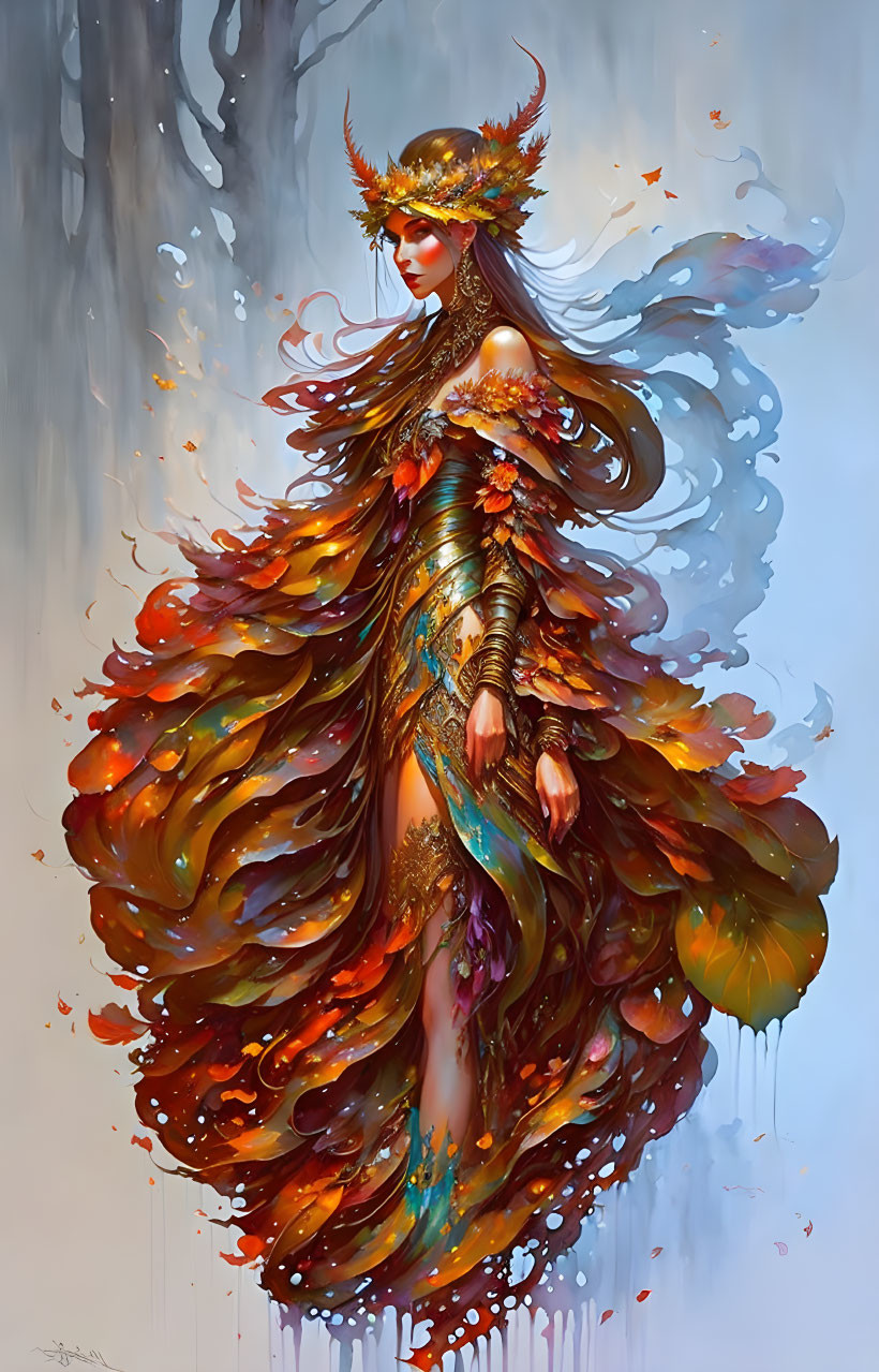 Ethereal female figure with autumn leaves hair and fiery gown in misty forest.