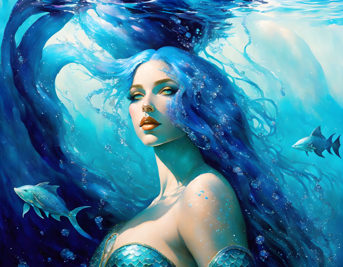 Blue-haired mermaid submerged in water with flowing hair and scales, surrounded by fish