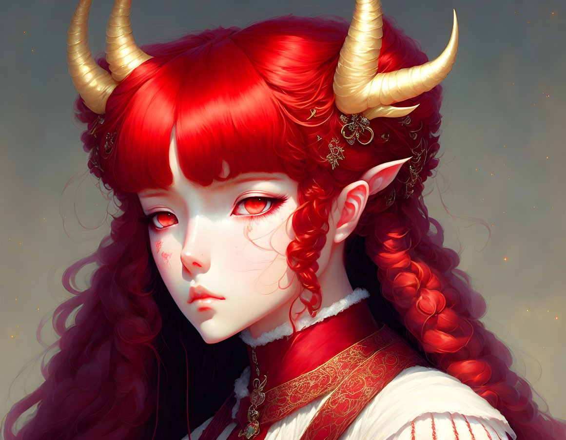 Fantasy Figure with Red Hair, Horns, and Pointed Ears in Ornate Attire