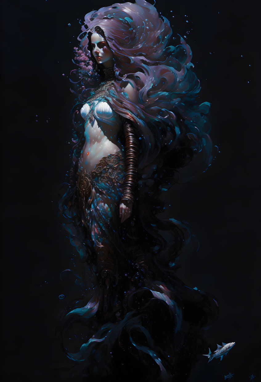 Mystical mermaid with purple hair and body patterns underwater with fish