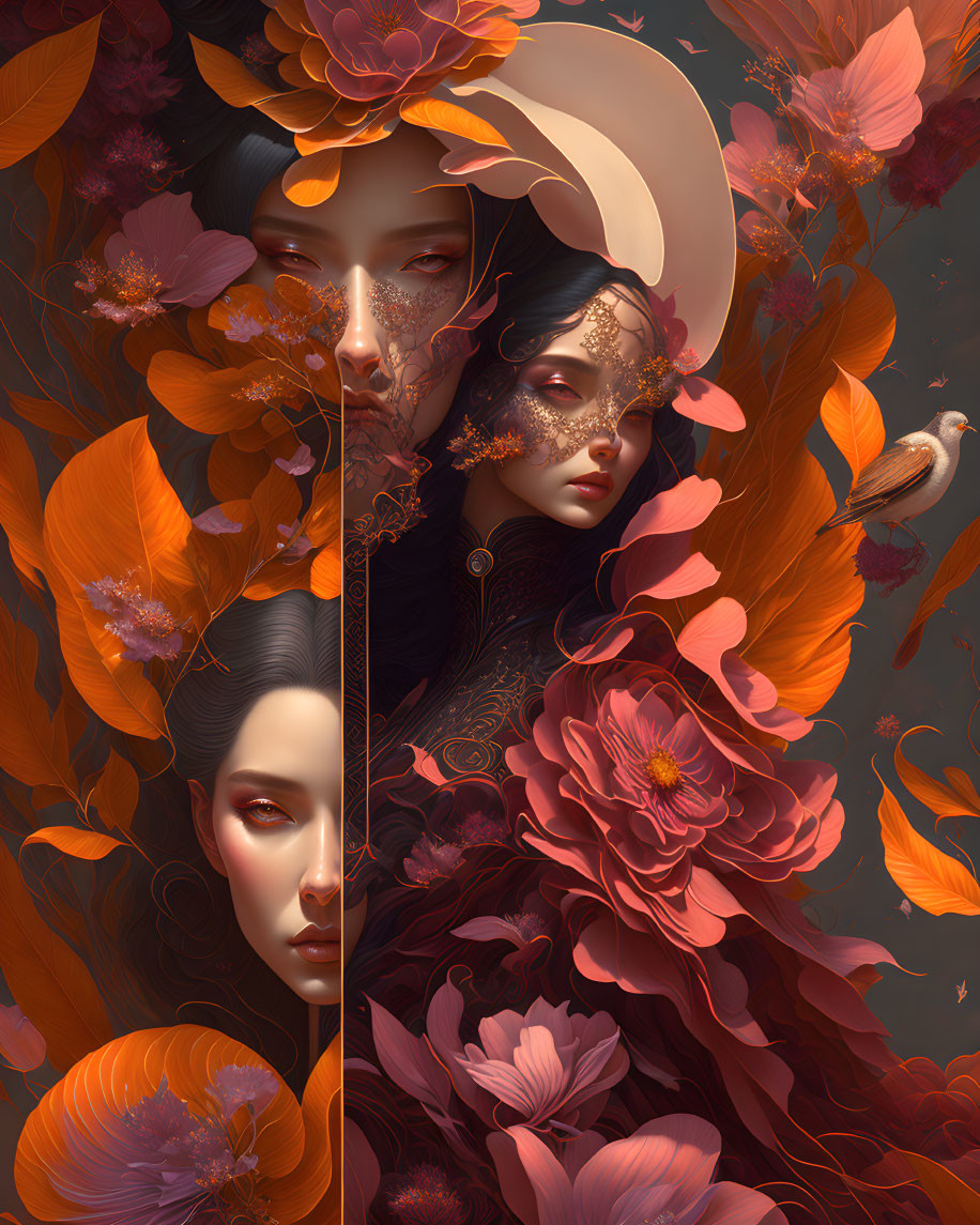 Stylized female figures with vibrant orange blossoms and bird in surreal composition