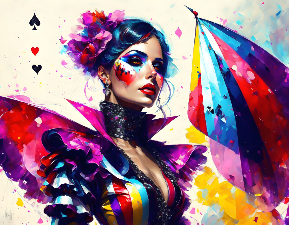 Vibrant portrait of a woman with butterfly wings and artistic makeup surrounded by colorful splashes and card