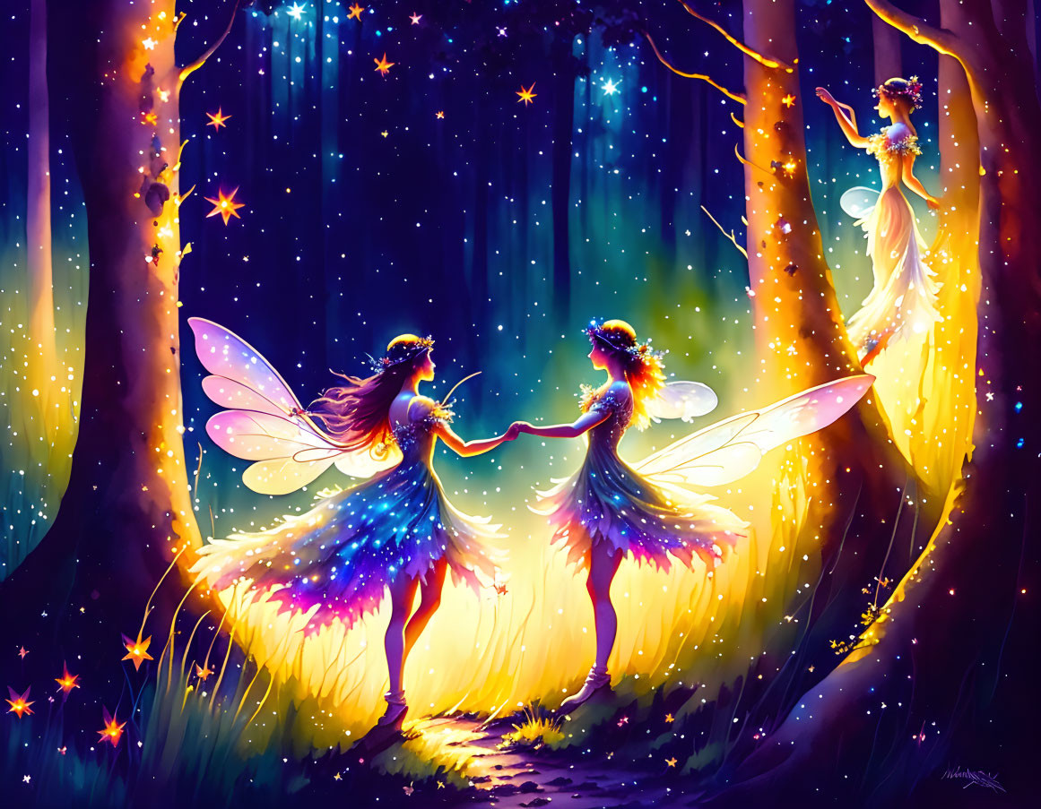 Enchanted forest scene with vibrant fairies holding hands