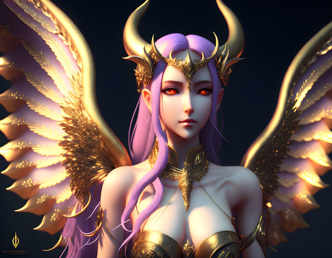 Fantasy female character with golden horns, purple hair, red eyes, feathered wings, and mystical