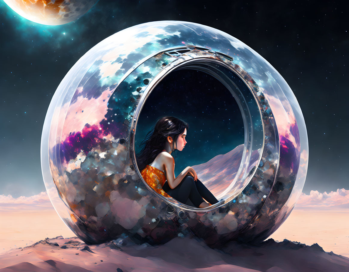 Woman in futuristic circular portal gazes at desert landscape and moon.