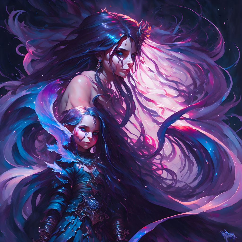 Vibrant digital art: ethereal female figures in flowing attire amid purple and blue swirls