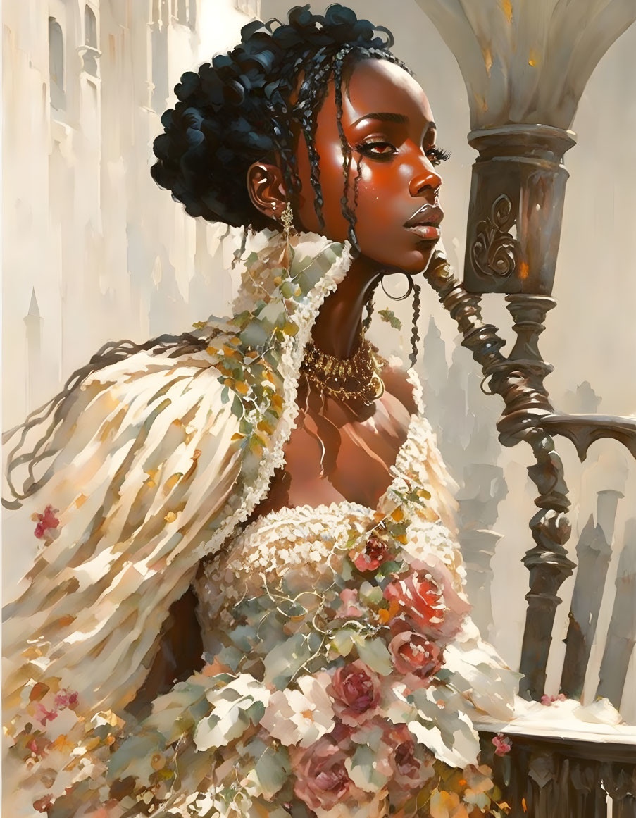 Woman with intricate braids in floral gown and gold jewelry beside lamp post