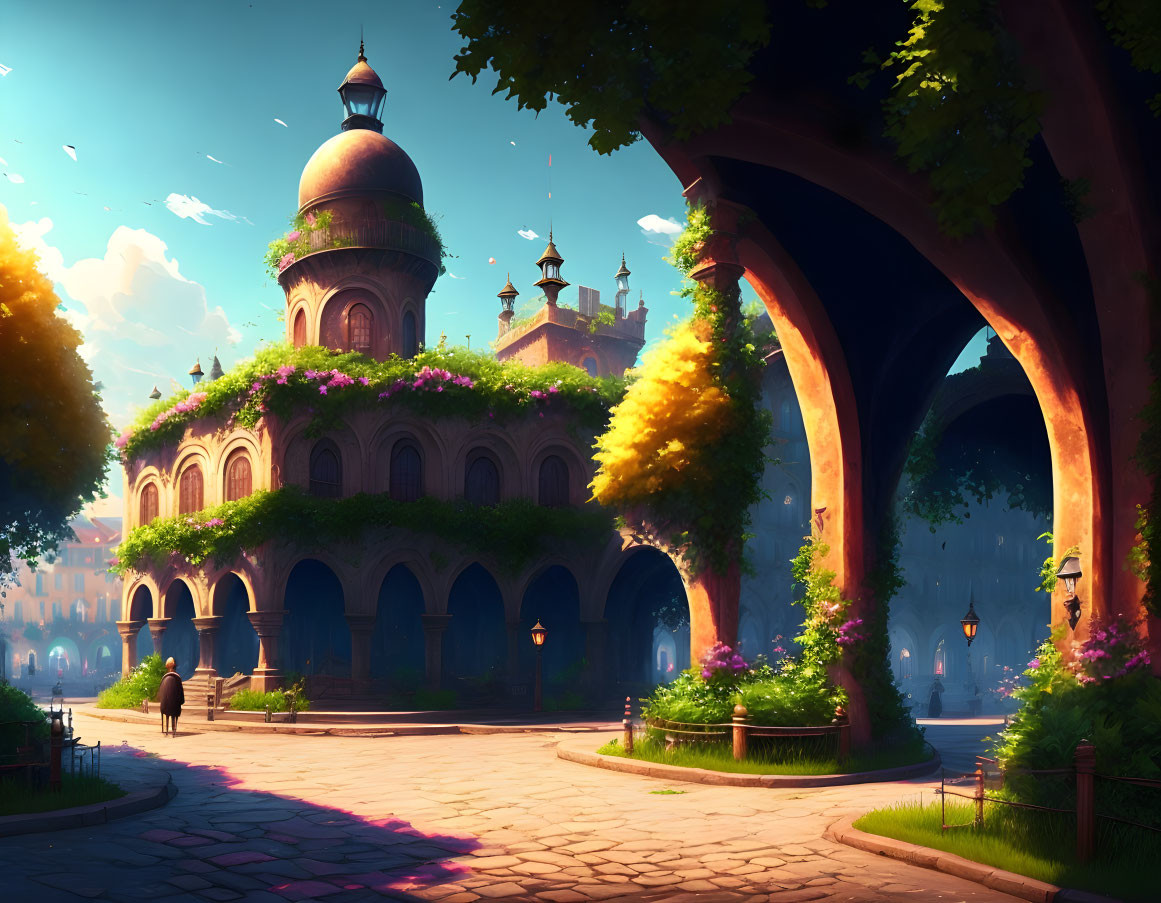 Fantastical palace artwork with lush greenery and blue sky