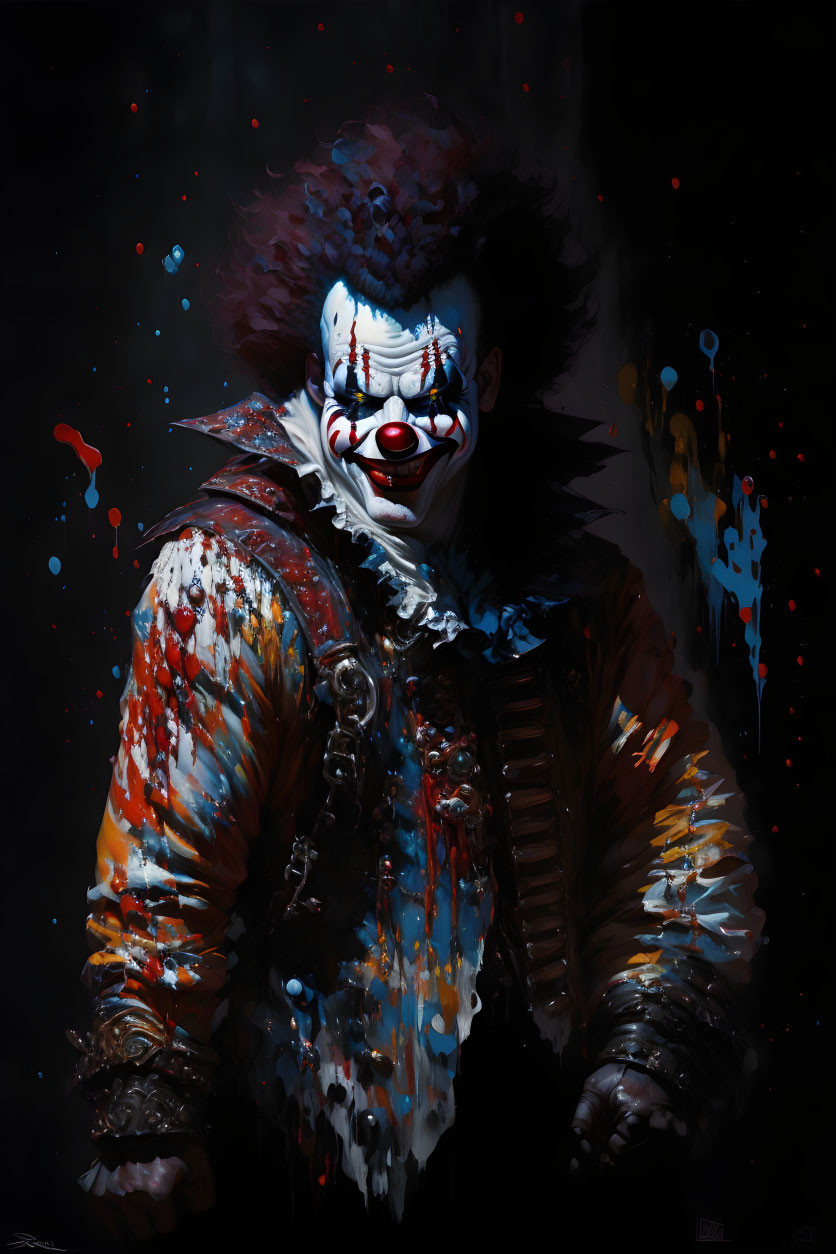 Sinister clown with white-painted face and colorful splatters on dark backdrop