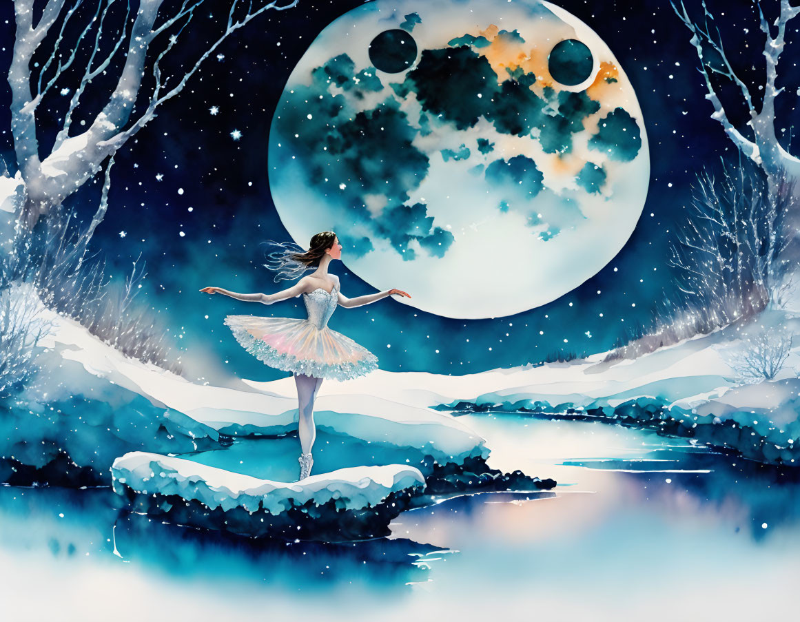 Delicate fairy dancing on snowy riverbank under mystical moon