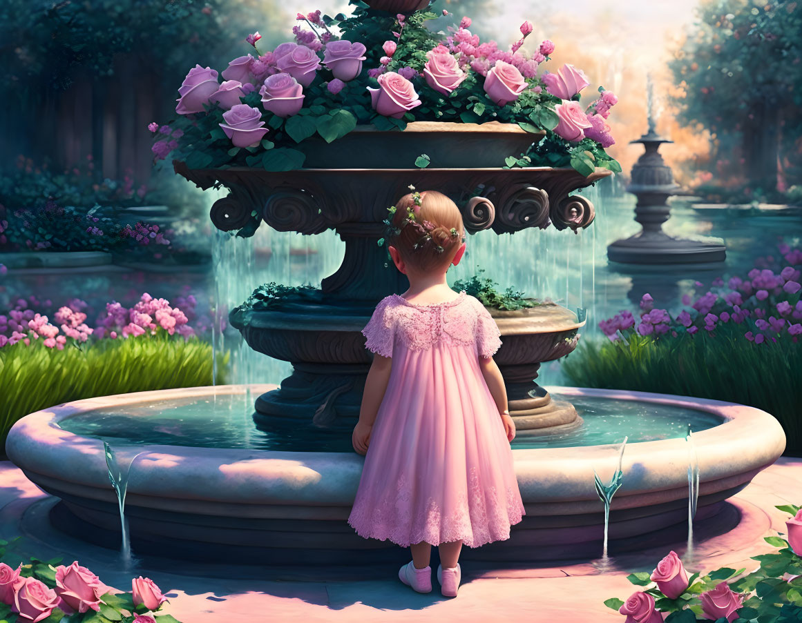 Young girl in pink dress by rose-adorned fountain in serene garden