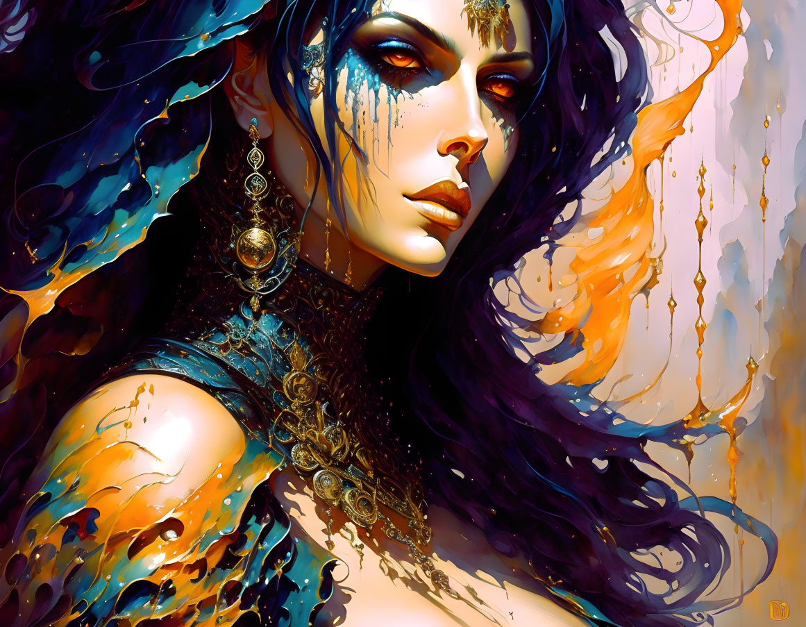 Vibrant digital painting of woman with dark hair and ornate makeup