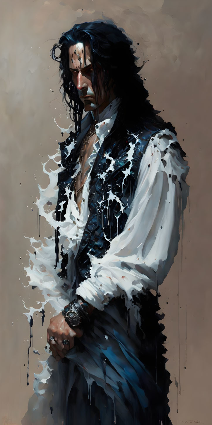 Long-haired man in white shirt with paint splatters, looking somber