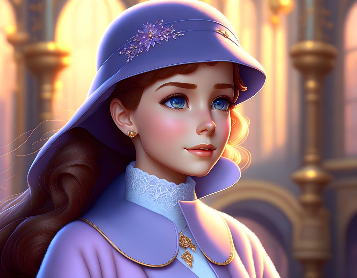 Young woman in blue hat and coat against golden-lit architecture