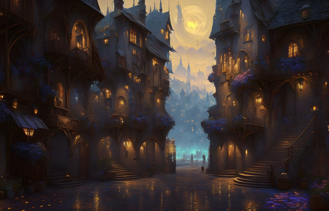 Fantasy cityscape at night with towering houses, cobblestone streets, glowing windows, and a