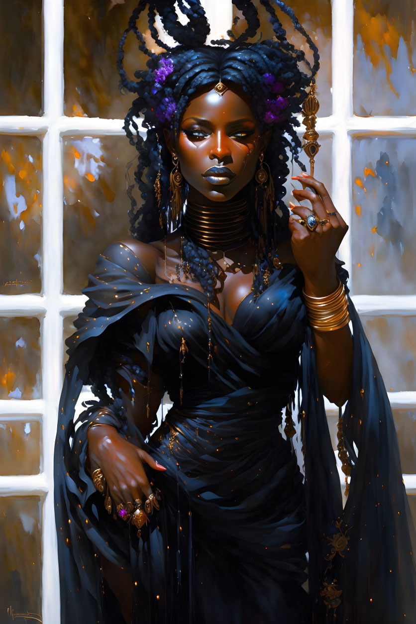 Regal dark-skinned woman with elaborate hair and gold jewelry posing elegantly against golden windows.